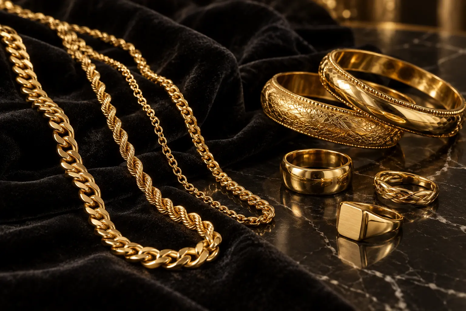 Gold jewellery arranged on black velvet